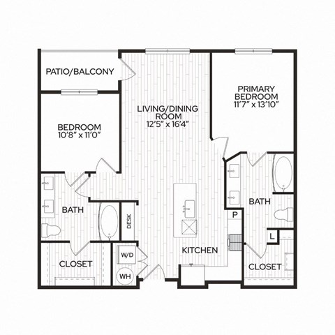 Floor plan for 2 beds, 2 baths, 1055 sqft